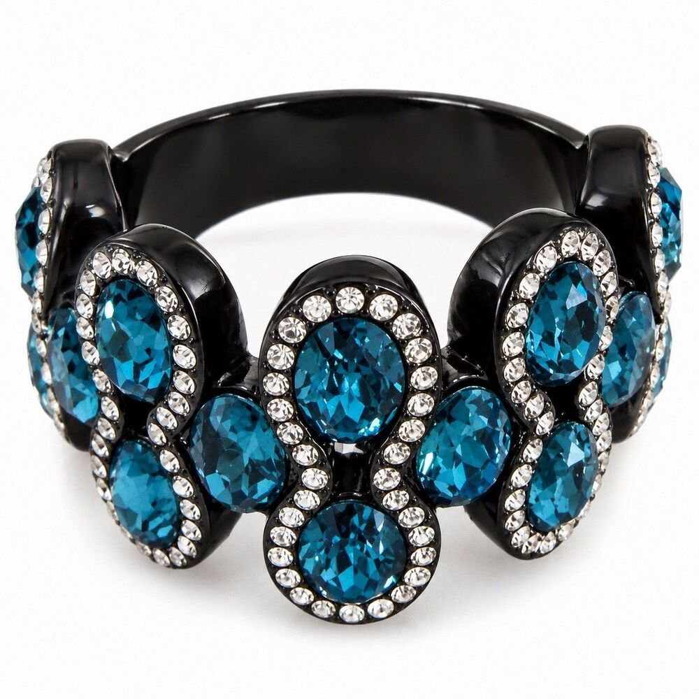 Black Stainless Steel Ring Aqua Blue Crystal Gothic Glam Wide Band Size 9